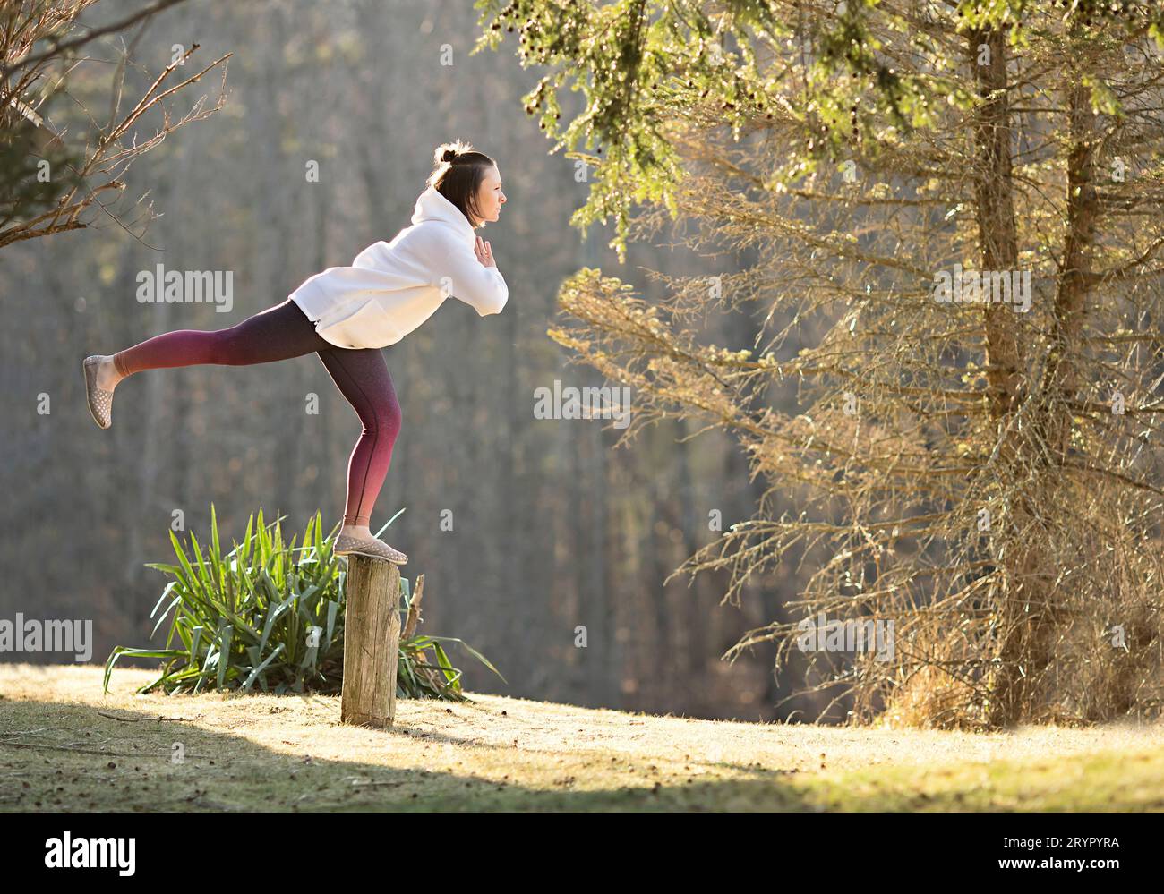 Frau balanciert auf Baumstumpf und übt Yoga Stockfoto