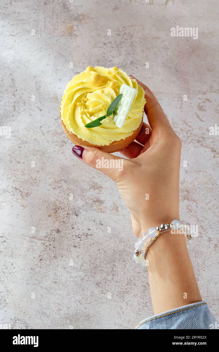Französische Wüste Tart au Citrone in weiblichen Händen. Lemon Meringue pi Stockfoto
