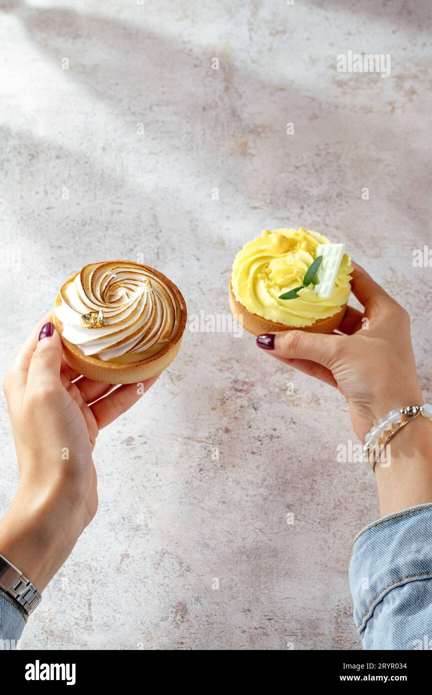 Französische Wüste Tart au Citrone in weiblichen Händen. Lemon Meringue pi Stockfoto