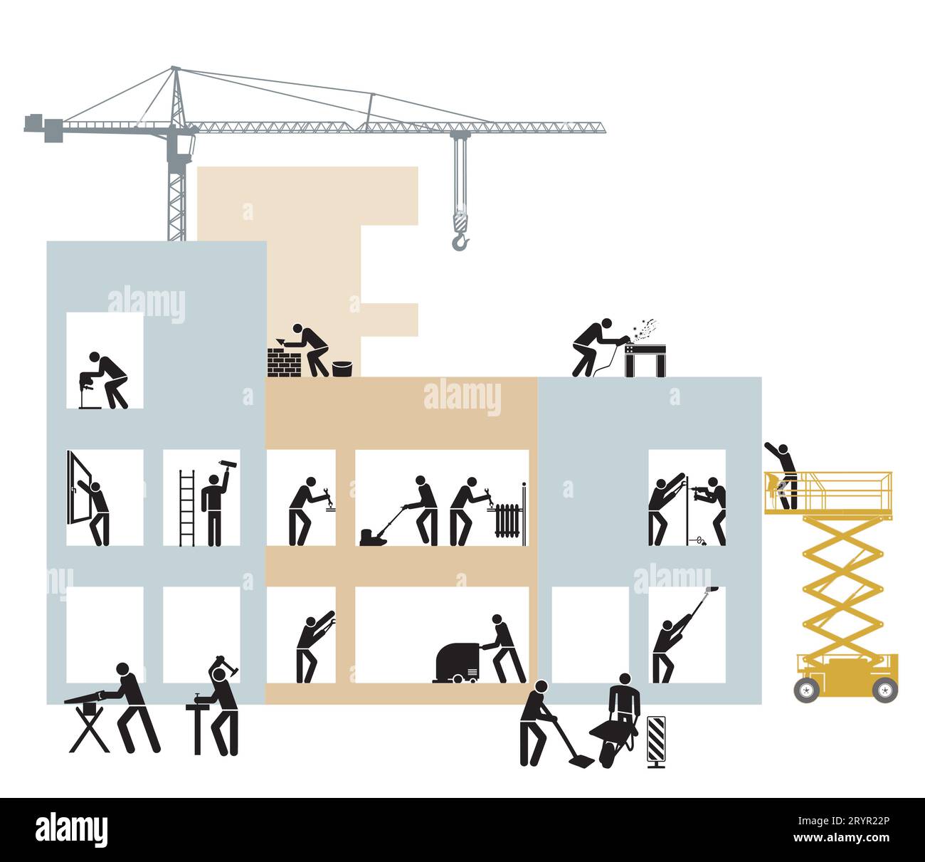 Hausbau Baustelle mit Piktogramm-Illustration der Bauarbeiter Stock Vektor