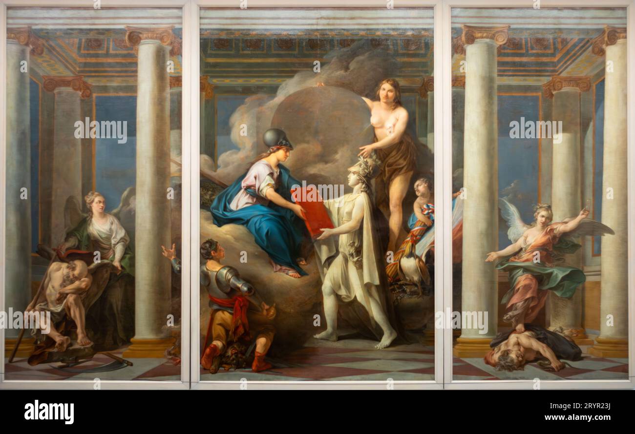 Die Allegorie der Republik; Vigilance trampelt Envy unter den Füßen. Triptychon, gemalt 1788-94 von Clement BELLE, ausgestellt im Museum der Französischen Revoluti Stockfoto