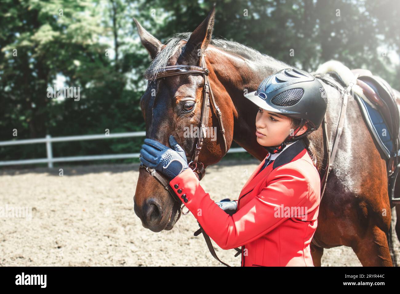 Mädchen Reiterin und ein Pferd posiert im Frühlingswald.Sie liebt die Tiere und verbringt freudig ihre Zeit in ihrer Umgebung. Stockfoto