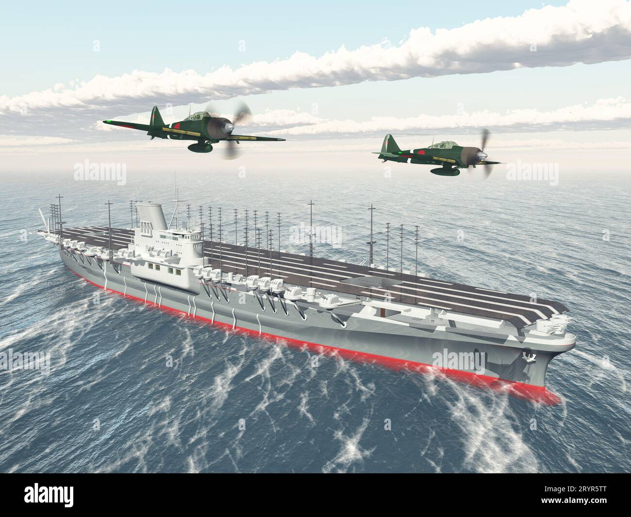 Japanische Kampfflugzeuge und japanische Flugzeugträger des Zweiten Weltkriegs Stockfoto