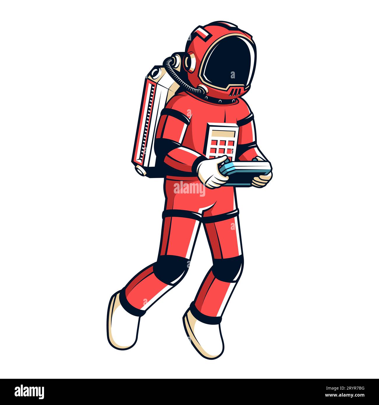 Der Astronaut in einem roten Raumanzug schwebt mit einem Kontrollfeld Stock Vektor