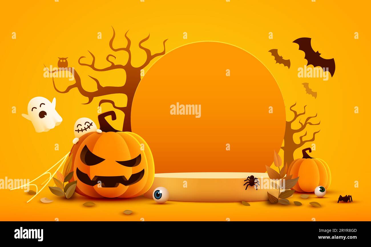 Das Podium mit Kürbissen, Fledermäusen und Geistern ist Halloween-Orange. Vektorillustration Stock Vektor