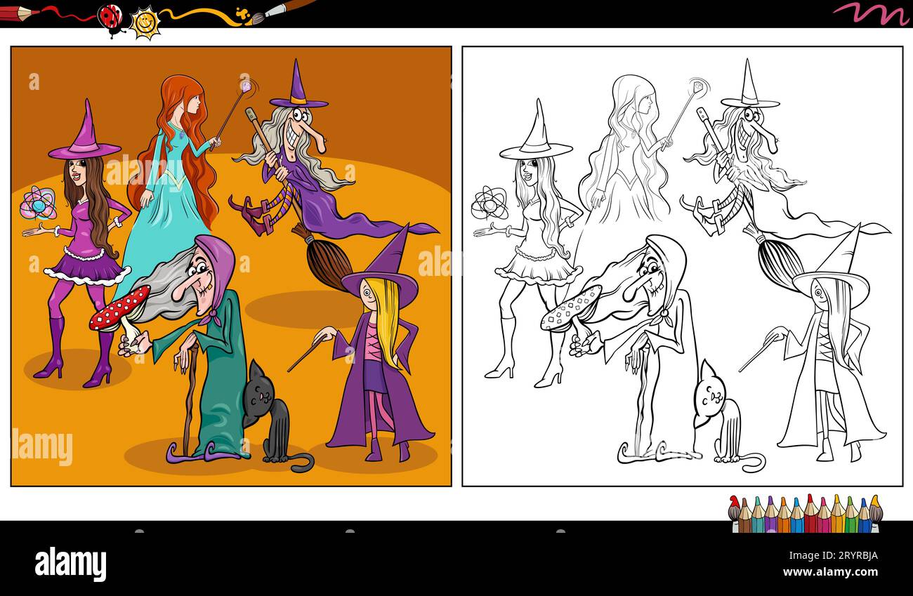 Cartoon-Illustration von lustigen Hexen Fantasy Charaktere Gruppe Malseite Stockfoto