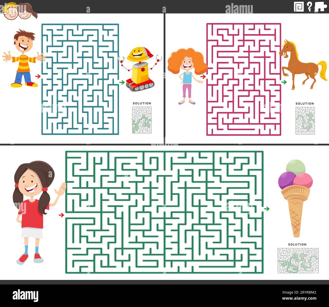 Cartoon-Illustration von pädagogischen Labyrinth-Puzzle-Spielen mit glücklichen Kindern Stockfoto