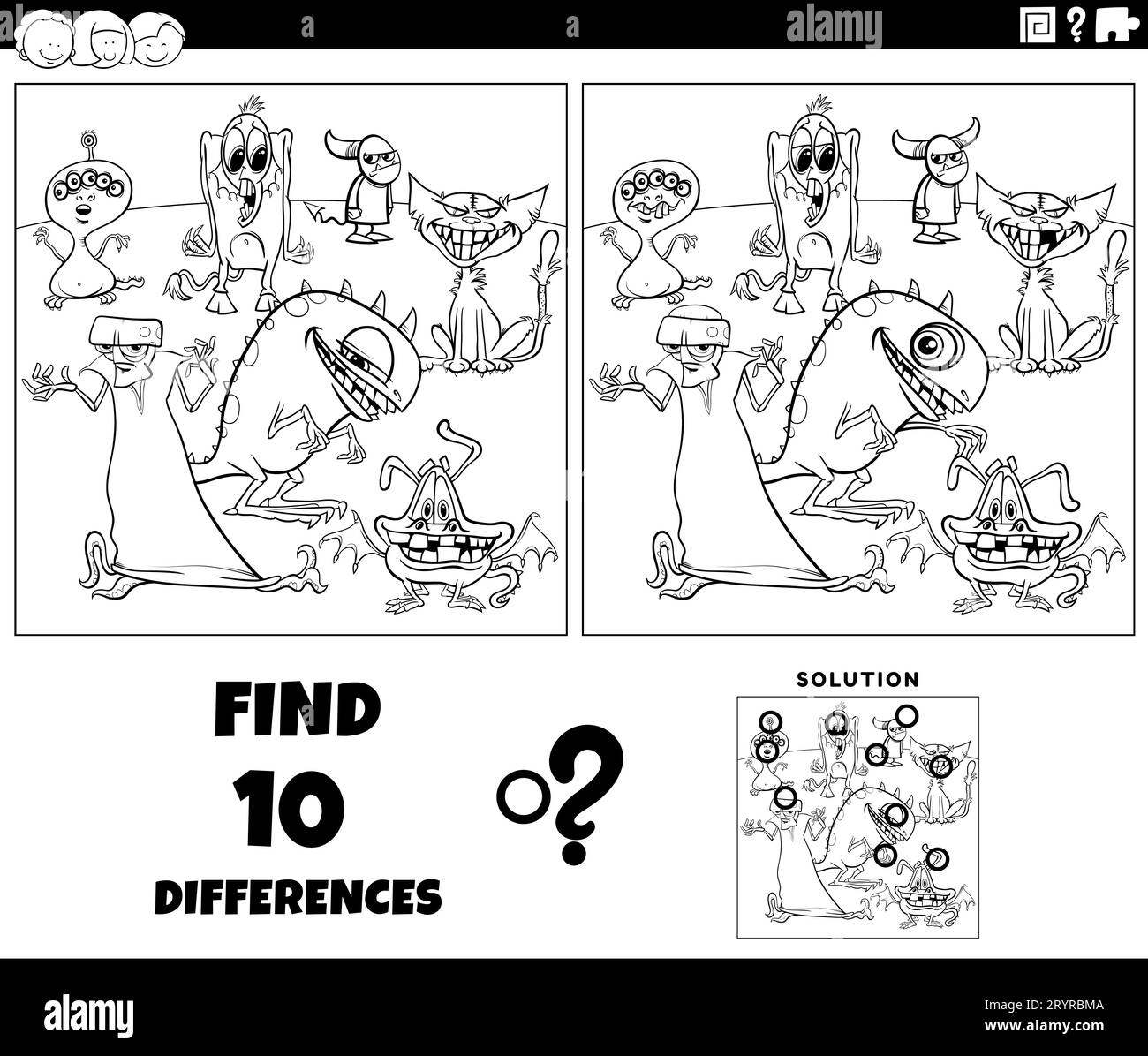 Schwarz-weißer Cartoon, der zeigt, wie man die Unterschiede zwischen den Bildern findet pädagogische Aktivitäten mit Monstern Fantasy Charaktere Malseite Stockfoto