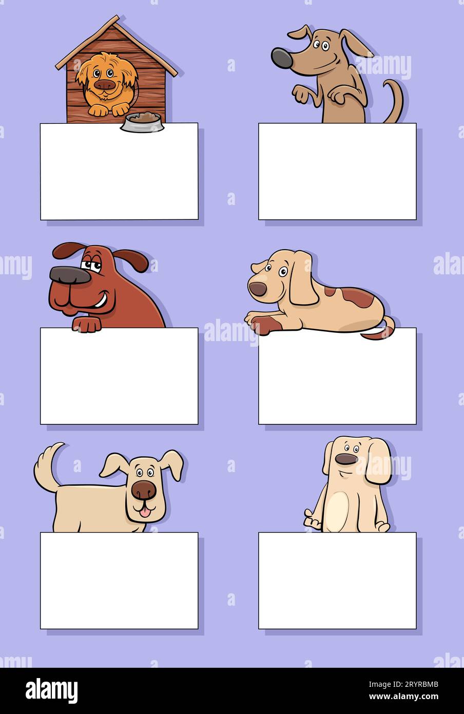 Zeichentrickfilm mit Tierfiguren für Hunde und Welpen mit leeren Karten oder Bannern Stockfoto
