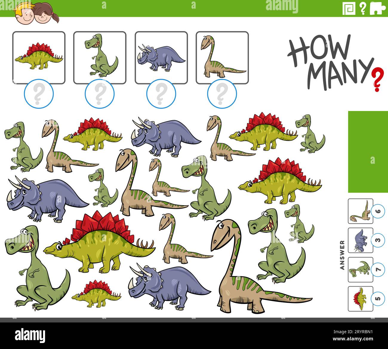 Cartoon-Darstellung eines erzieherischen Zählspiels mit prähistorischen Dinosaurierfiguren Stockfoto