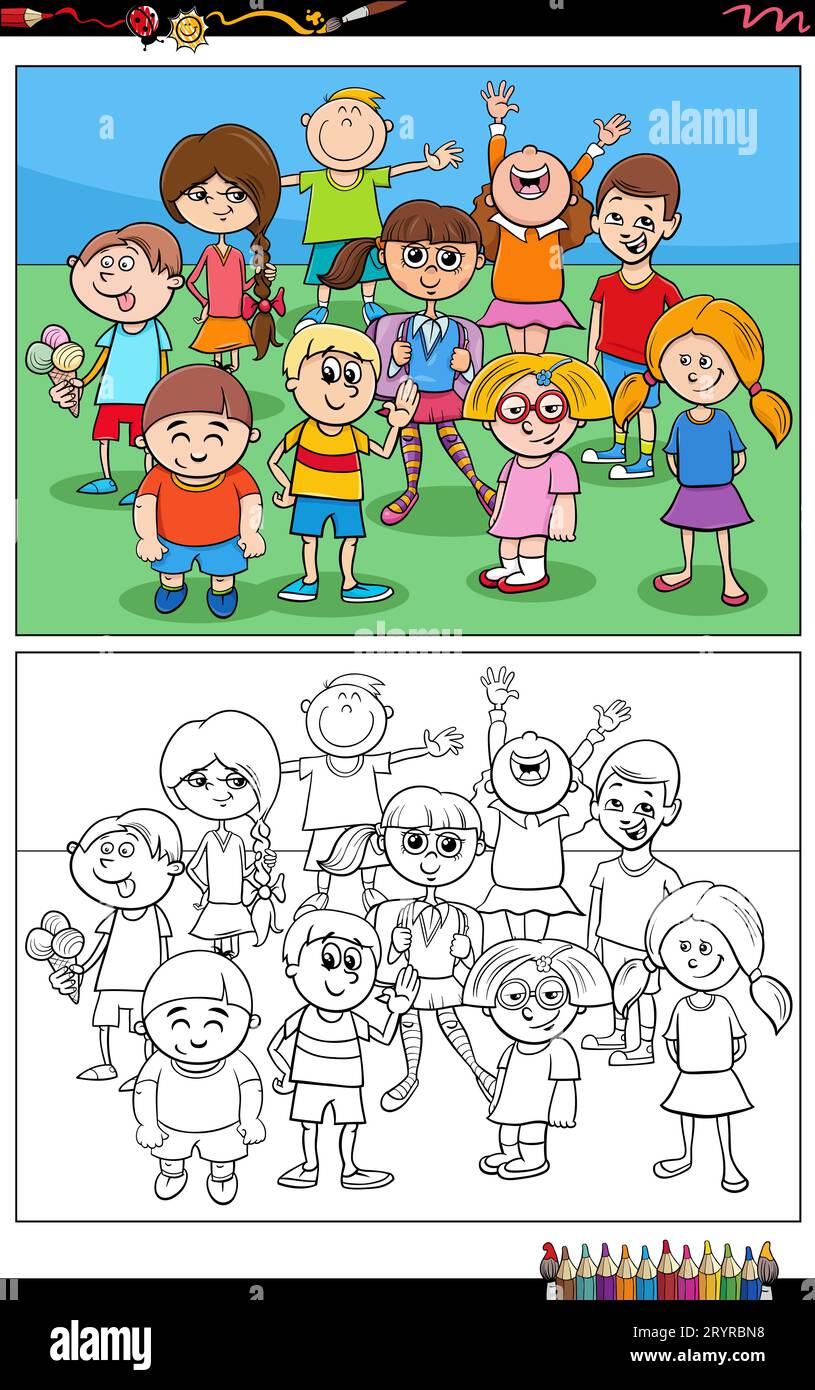 Cartoon-Illustrationen von lustigen Kindern im Grundalter Tierfiguren-Gruppenseiten Stockfoto