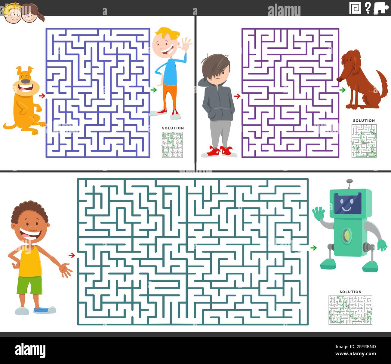 Cartoon-Darstellung von pädagogischen Rätselspielen im Labyrinth mit Kindern und ihren Haustieren und Spielzeug Stockfoto