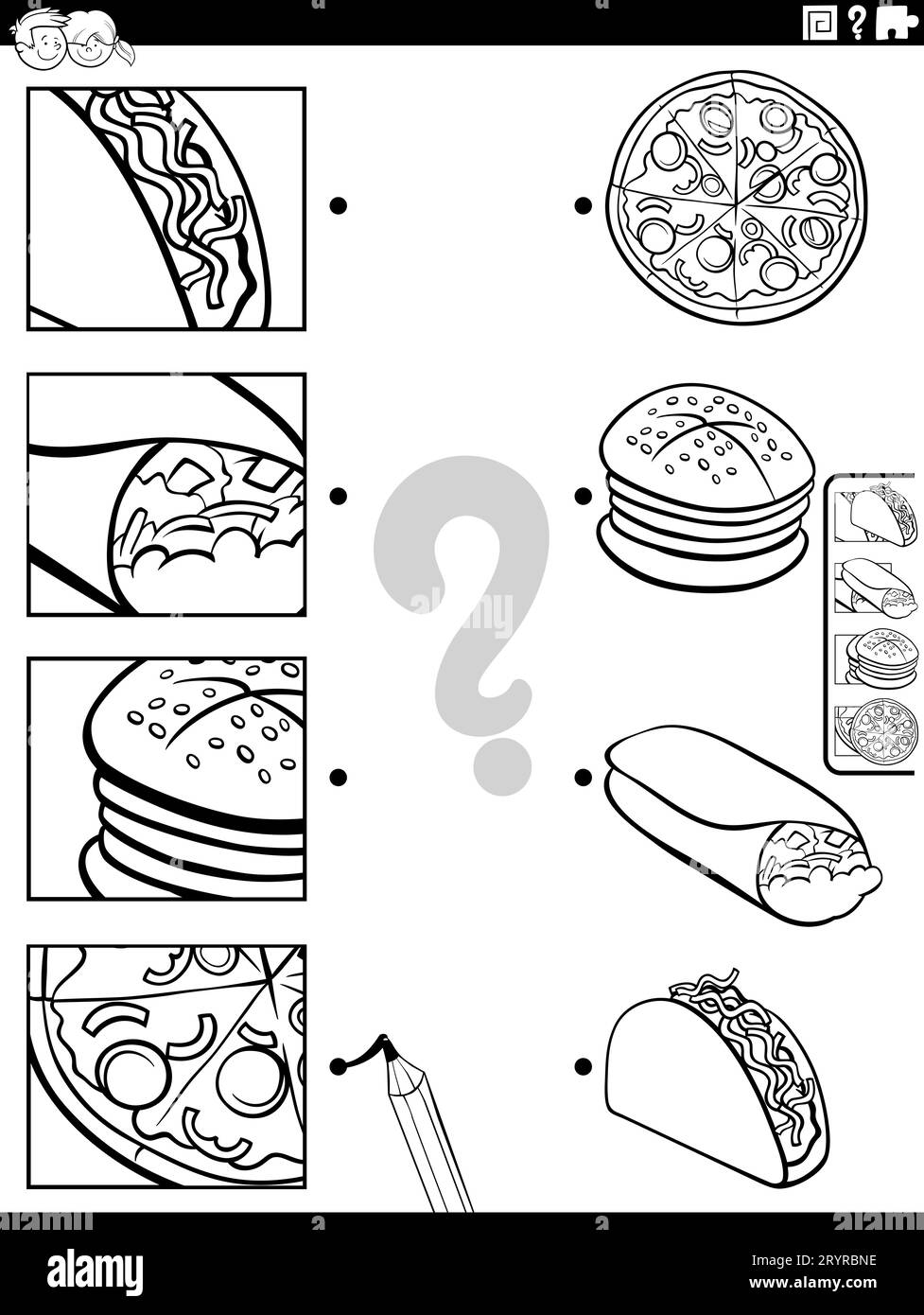 Schwarz-weiße Zeichentrickfilme, die ein pädagogisches Spiel mit Geschirr oder Essensgegenständen und einer Malseite für Bildausschnitte darstellen Stockfoto