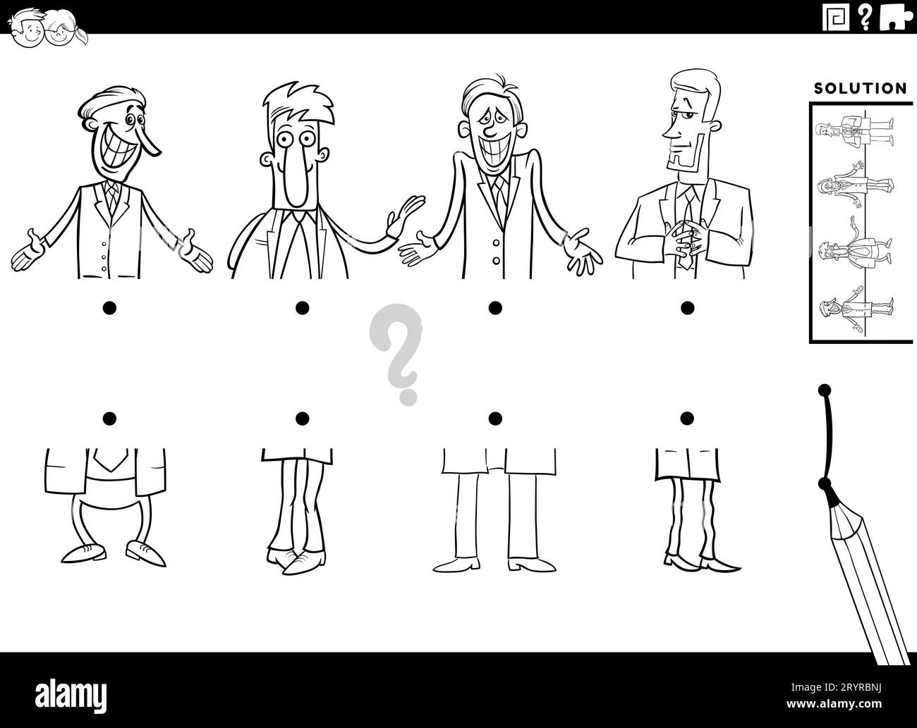 Schwarz-weißer Cartoon, Darstellung eines pädagogischen Spiels, bei dem die Bildhälften mit den Malseiten der lustigen Männer oder Geschäftsmänner übereinstimmen Stockfoto