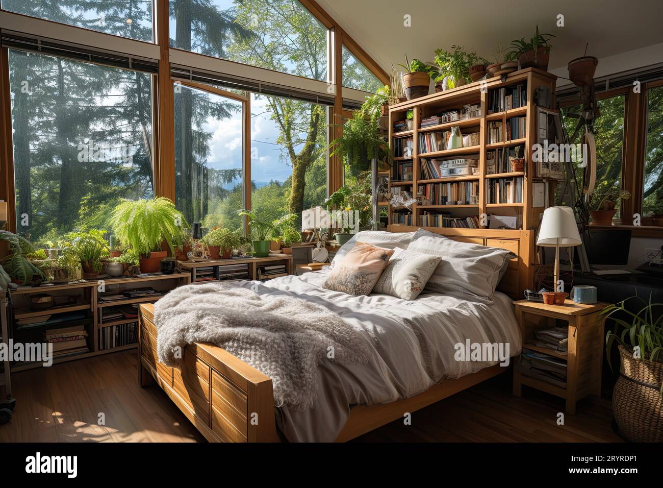 Ein modernes Schlafzimmer mit einem Bettgestell aus Holz, eingebauten Regalen und einer Vielzahl von Pflanzen auf einer Fensterbank, die von Tageslicht beleuchtet werden Stockfoto