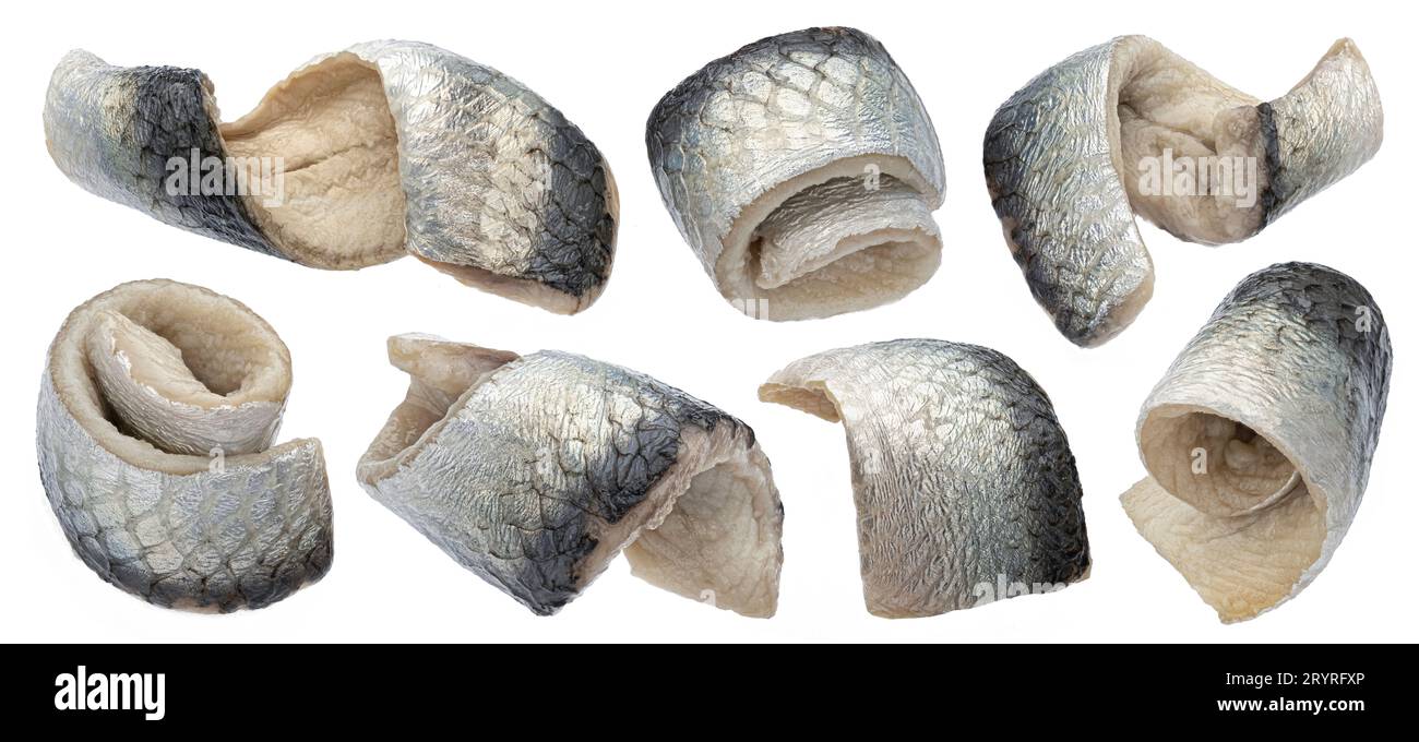 Gesalzene Heringsrollen, isoliert auf weißem Hintergrund mit Schnittpfad, volle Feldtiefe Stockfoto