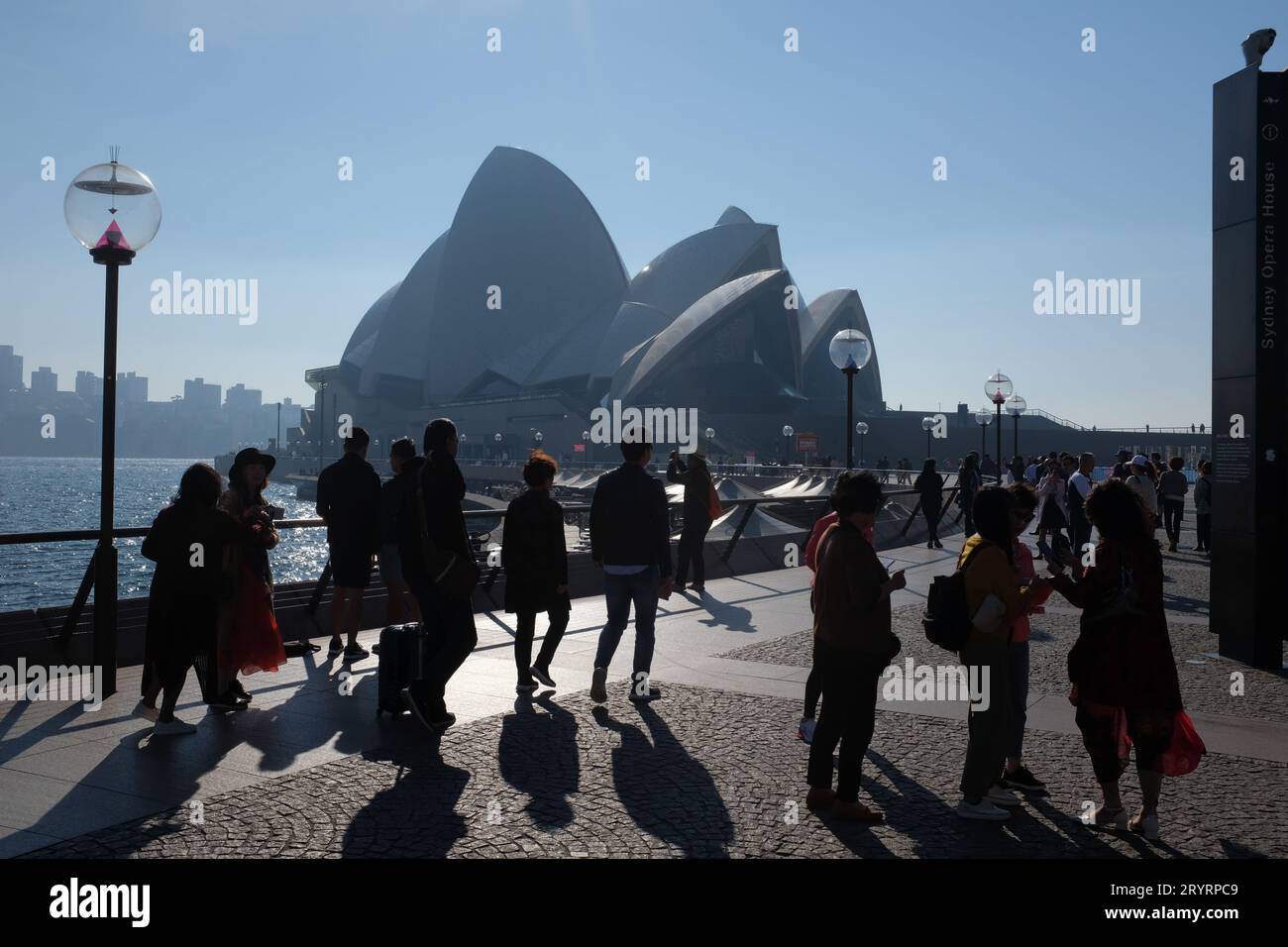 Kleine Gruppen von Touristen, die den vollen Blick auf das Sydney Opera House am Bennelong Point genießen, ein nebeliger Morgen mit einem leuchtend blauen Hafen Stockfoto