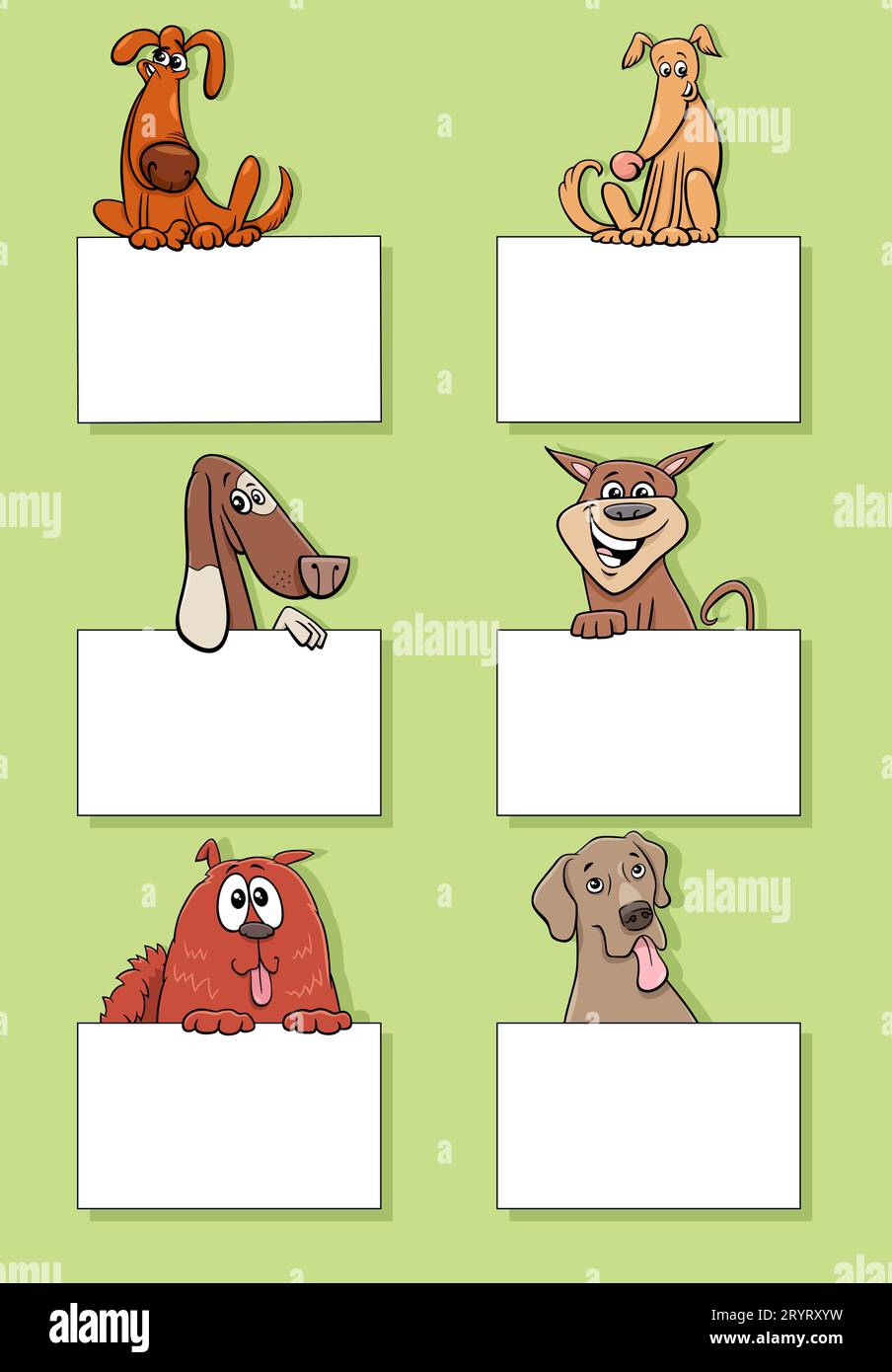 Zeichentrickfilm mit Tierfiguren für Hunde und Welpen mit leeren Karten oder Bannern Stockfoto