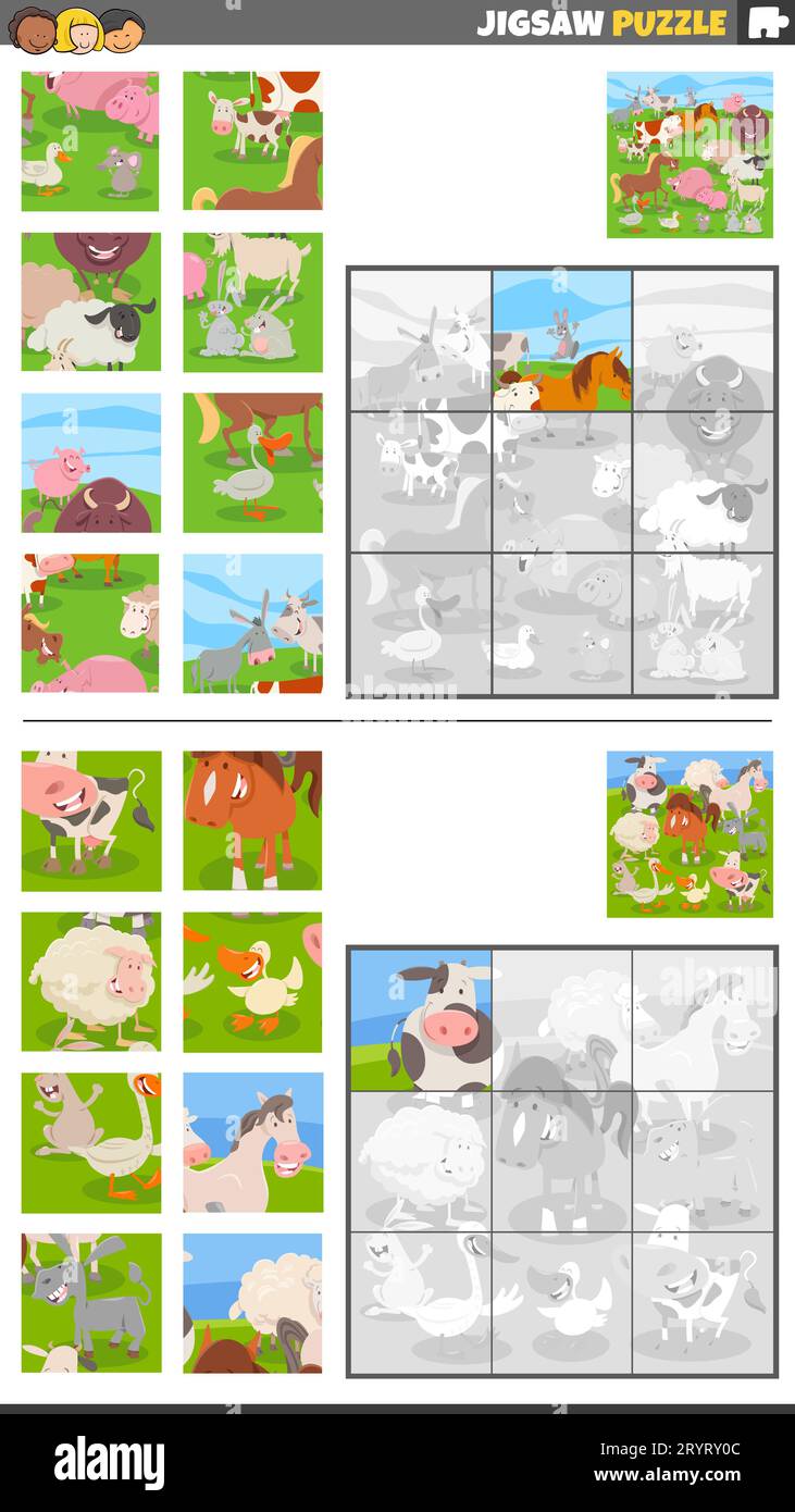 Cartoon-Darstellung eines pädagogischen Puzzle-Spielsets mit Bauernhoffiguren Stockfoto