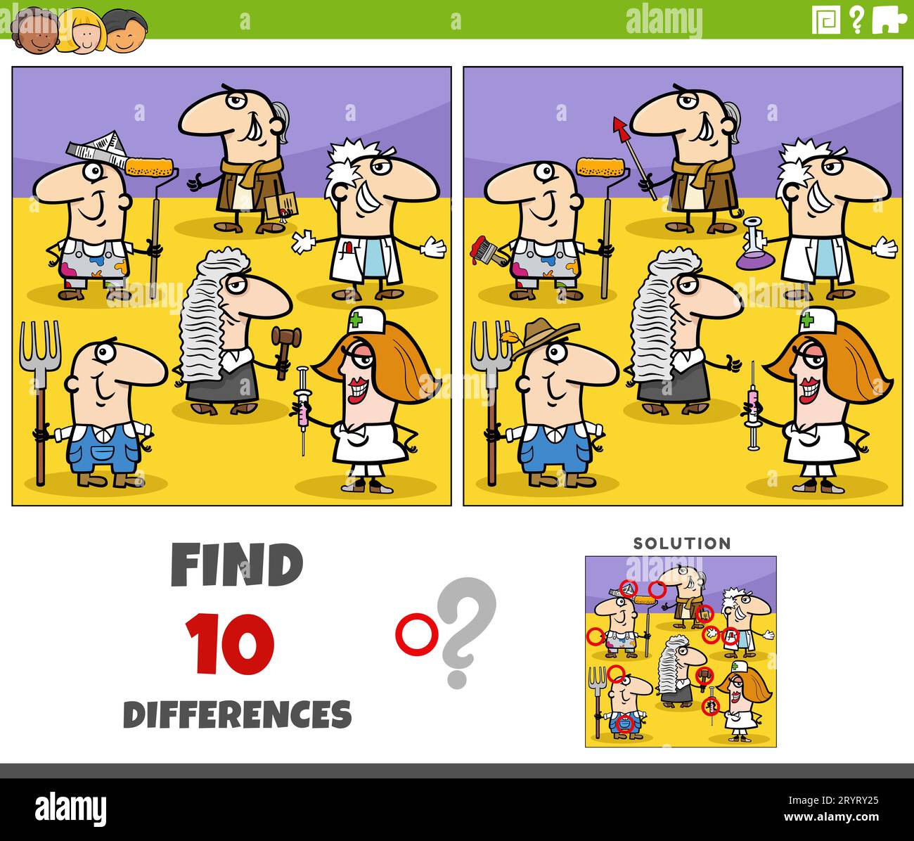 Cartoon-Darstellung zur Ermittlung der Unterschiede zwischen Bilderpädagogischen Spielen mit Personen verschiedener Berufe Charaktergruppe Stockfoto