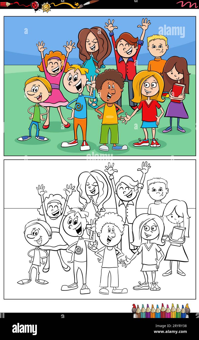 Cartoon-Illustrationen von lustigen Kindern im Grundalter oder Gruppenseiten für Teenager-Charaktere Stockfoto