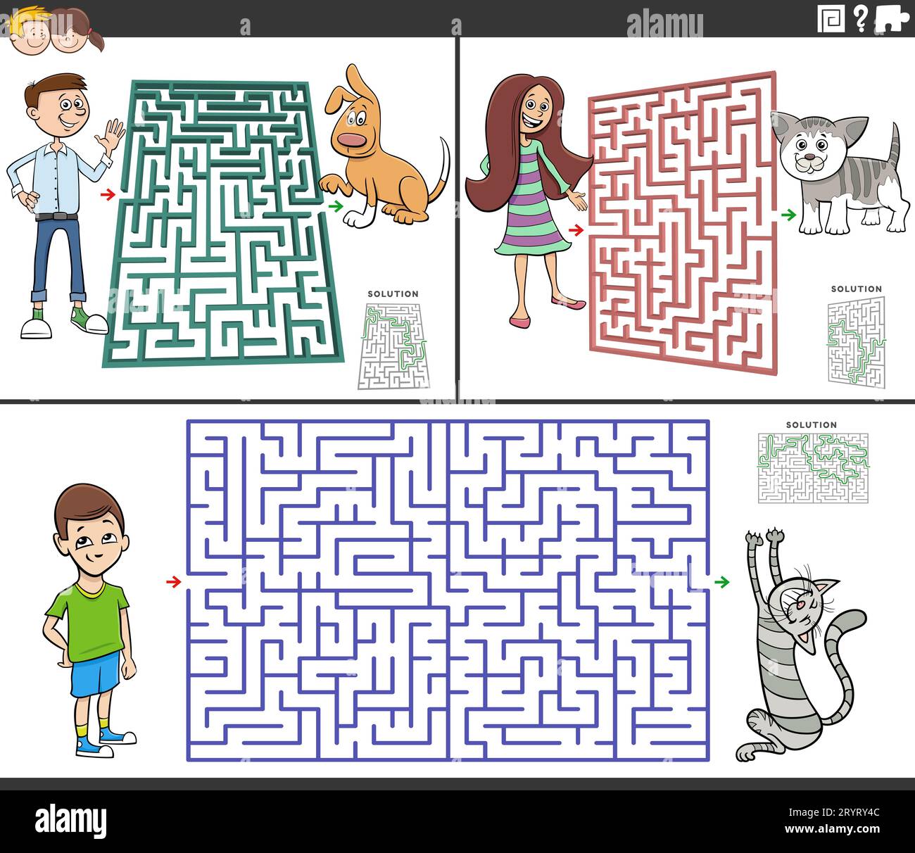 Zeichentrickfilm mit pädagogischen Rätselspielen im Labyrinth mit Kindern oder Jugendlichen und ihren Haustieren Stockfoto