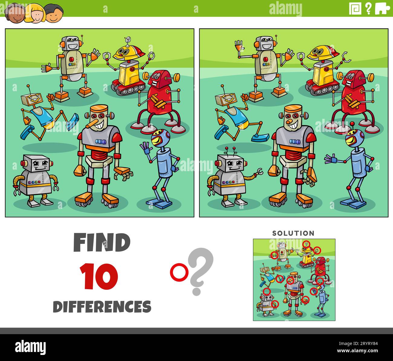 Zeichentrickfilm, der zeigt, wie man die Unterschiede zwischen Bilderspielen mit der Gruppe der Roboterfiguren findet Stockfoto