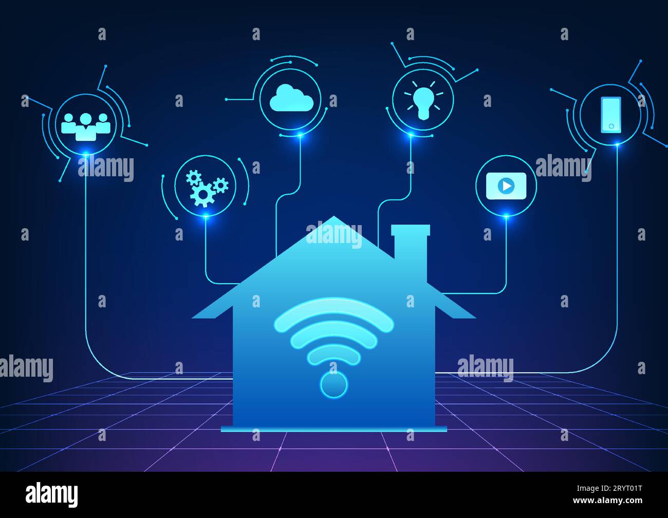 Die Wi-Fi-Technologie verwendet ein WLAN-Signal, um das Signal an Geräte zu verteilen, die Kommunikation, Unterhaltung und Geschäfte verwenden, die im HO durch das wlan-Symbol getroffen werden Stock Vektor