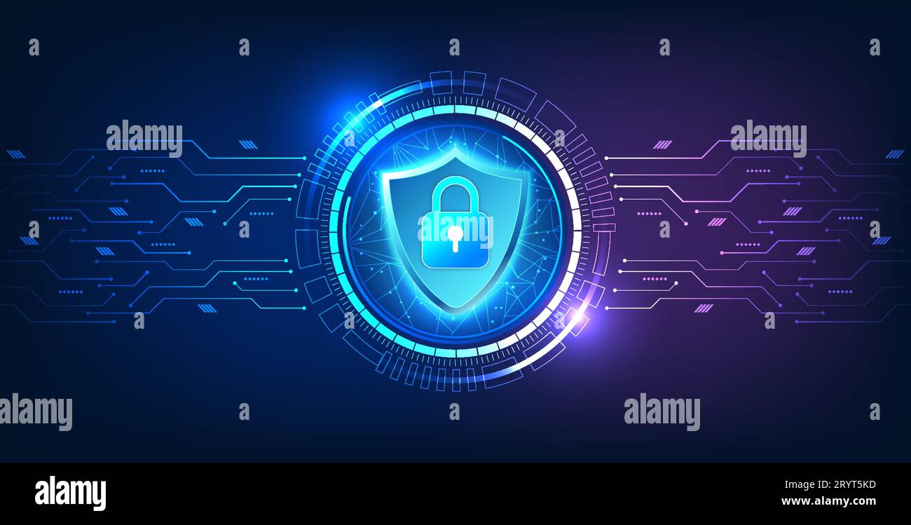 Sicherheitstechnologie, Schild mit einem Schloss im Inneren, mit einem Technologiekreis mit einer Leiterplatte an der Seite. Es handelt sich um eine Technologie, die Cyberdaten schützt Stock Vektor