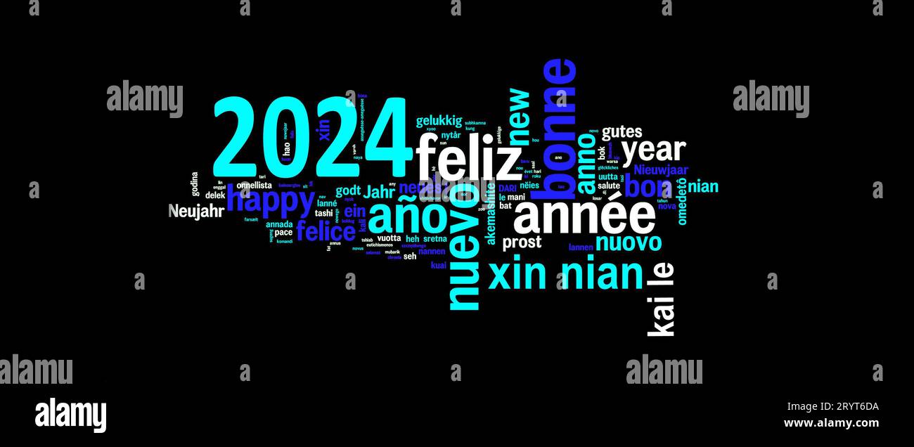 2024 Grußkarte auf schwarzem Hintergrund, Neujahr in vielen Sprachen übersetzt Stockfoto