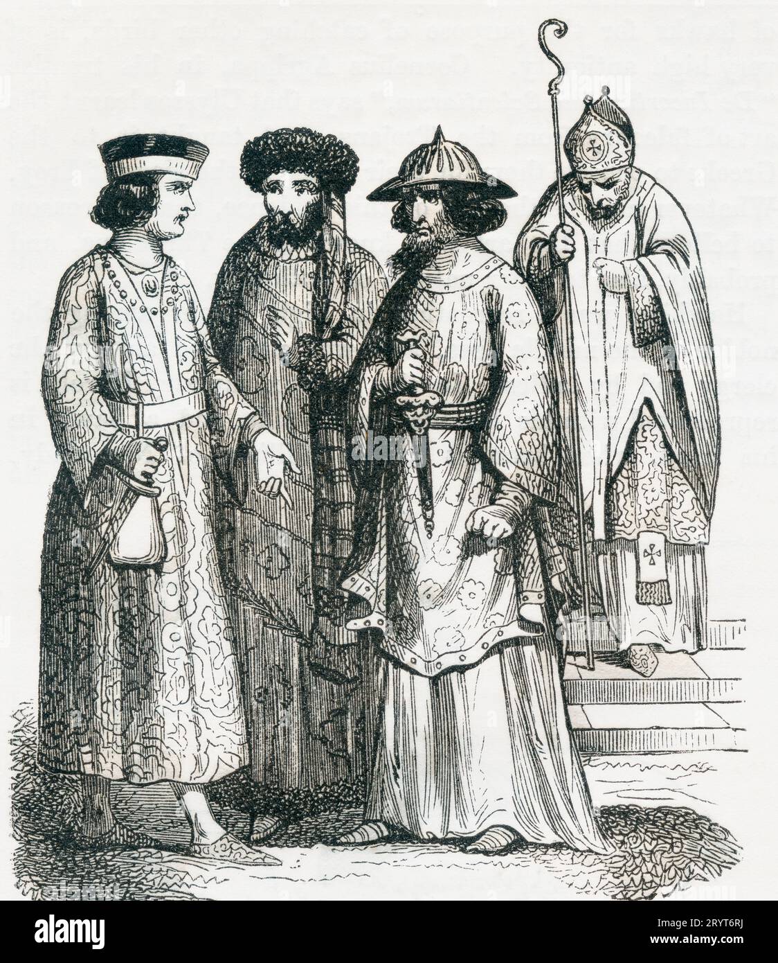 Normannische Kostüme des 11. Jahrhunderts. Bischöfe und Herren. Aus Cassell's Illustrated History of England, veröffentlicht 1857. Stockfoto