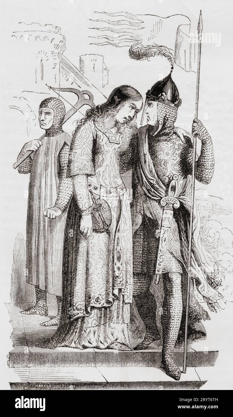 Normannische Kostüme des 11. Jahrhunderts. Prinz, Prinzessin und Armbrustmann. Aus Cassell's Illustrated History of England, veröffentlicht 1857. Stockfoto