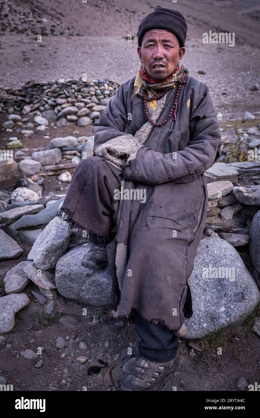 Porträt eines Changpa-Nomaden-Hirten, Ladakh, Indien Stockfoto