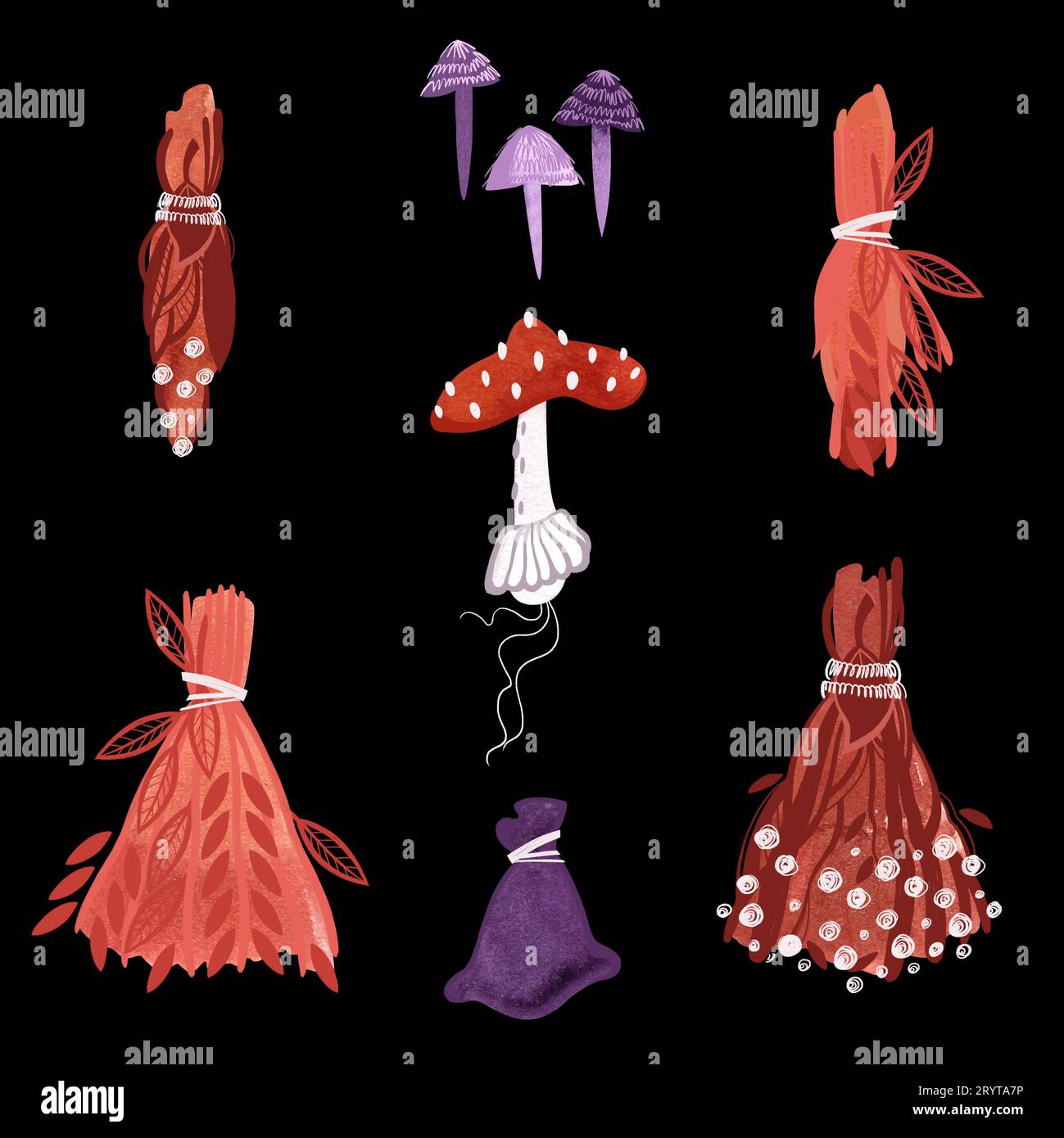 Eine Reihe von Gegenständen für Hexenrituale: Rote, gelbliche, verwelkte getrocknete Blumen und Kräuter, Kräuter, Besen mit Blumen und Blättern, ein violetter Beutel, Stockfoto