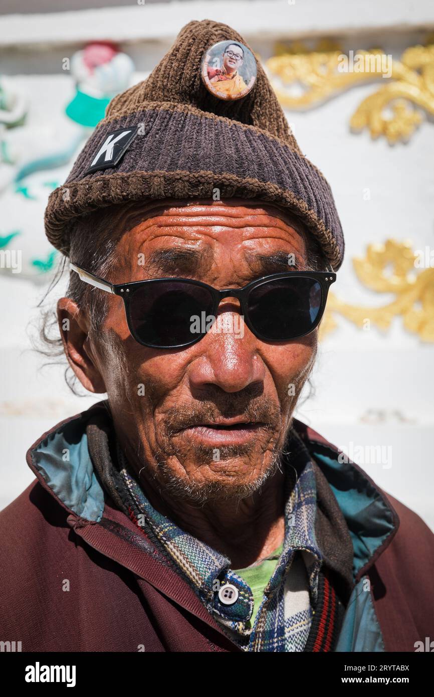 Porträt des älteren Mannes, Korzok, Ladakh, Indien Stockfoto