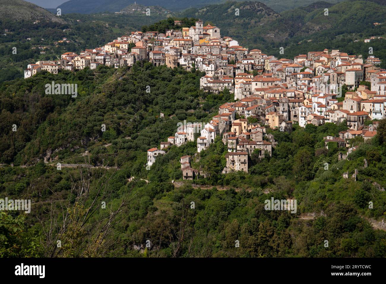 Blick auf die weiße Stadt Rivello, mediterranes Bergdorf in der Natur, Kampanien, Salerno Italien Stockfoto