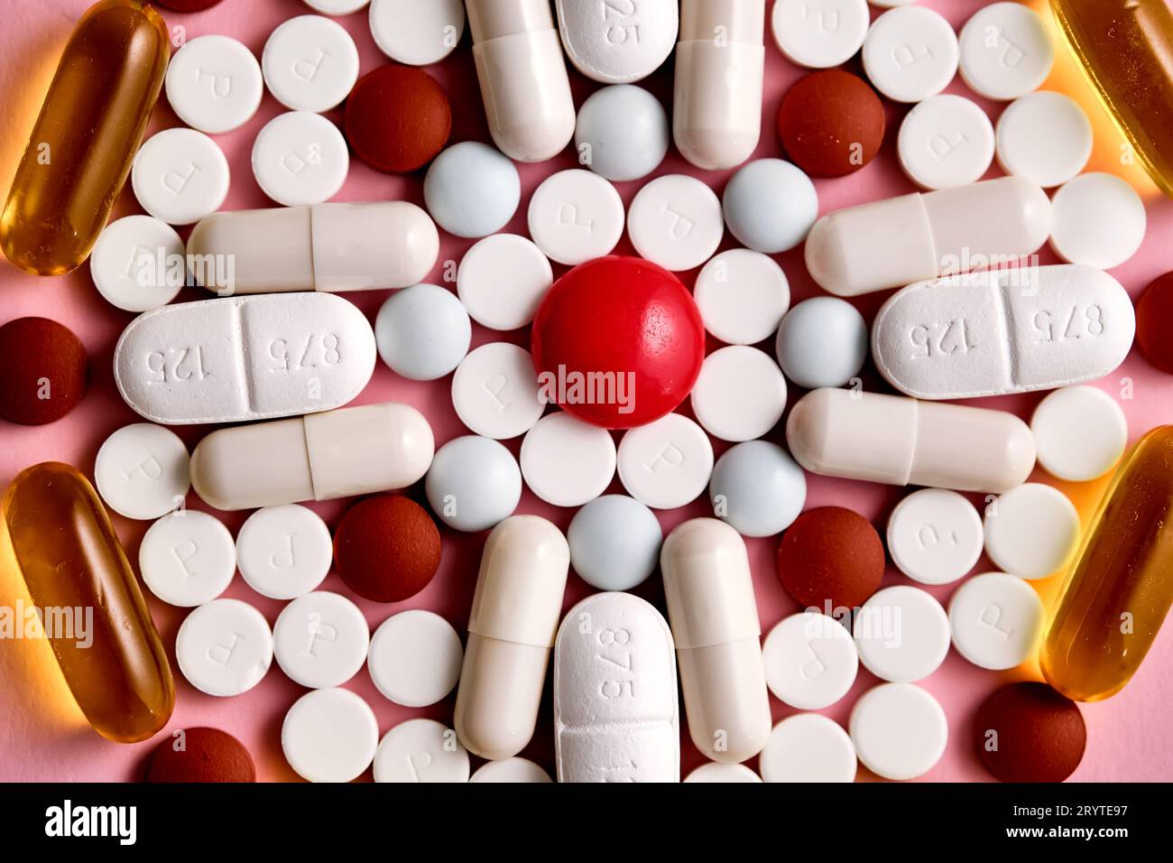 Abstrakter Hintergrund mit vielen Pillen und Vitaminen. Stockfoto