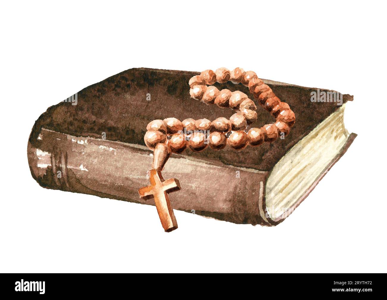 Katholische Rosenkranzperlen mit Kreuz auf der Alten Bibel. Handgezeichnete Aquarellillustration isoliert auf weißem Hintergrund Stockfoto