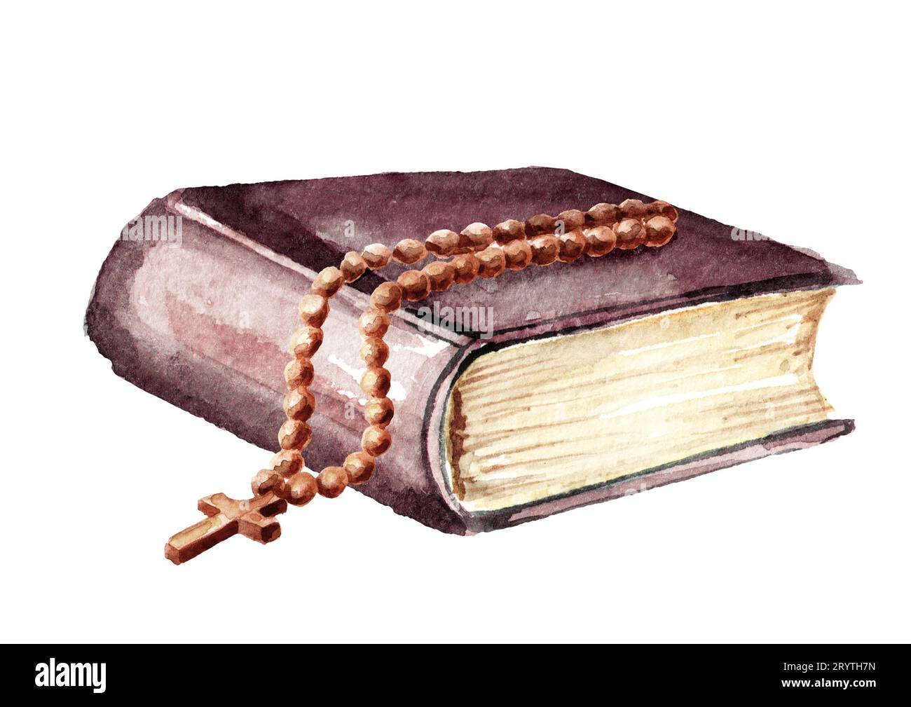 Katholische Rosenkranzperlen mit Kreuz auf der alten Bibel. Handgezeichnete Aquarellillustration isoliert auf weißem Hintergrund Stockfoto
