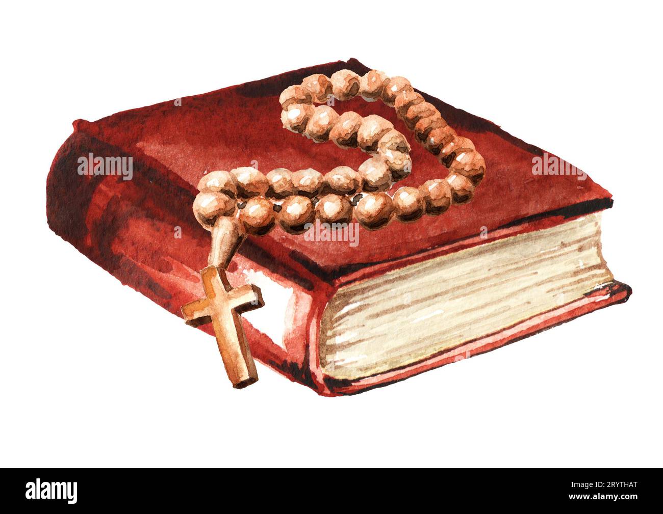 Katholische Rosenkranzperlen mit Kreuz auf der alten Bibel. Handgezeichnete Aquarellillustration isoliert auf weißem Hintergrund Stockfoto