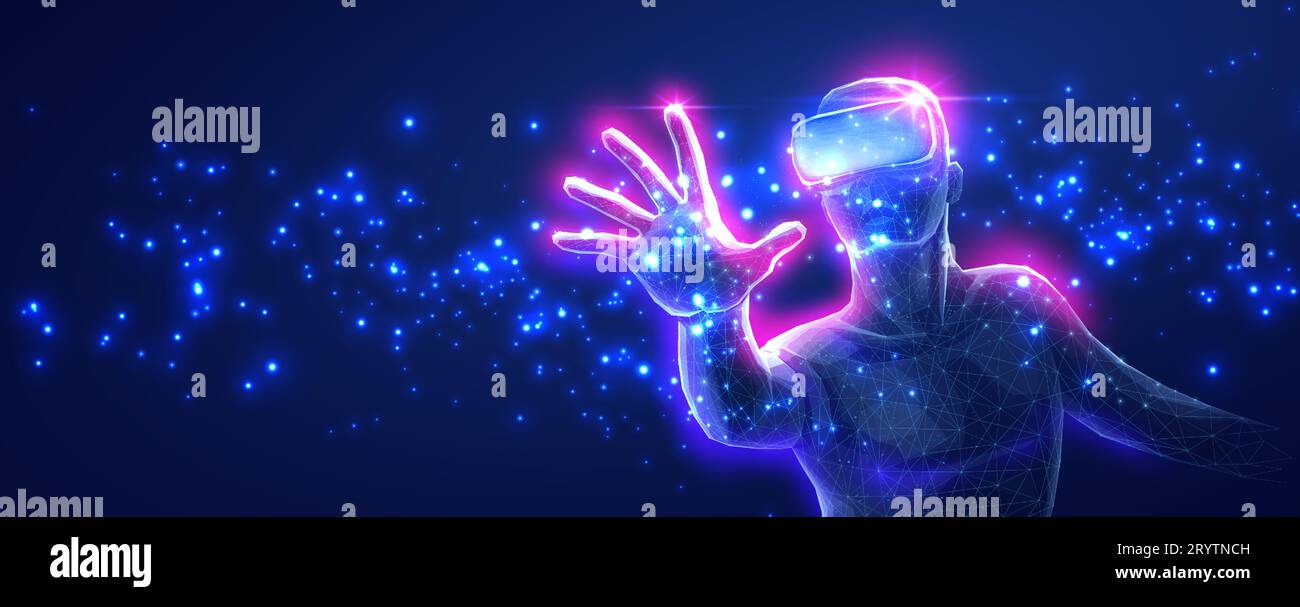 Ein Mann, der ein VR-Gerät für ein immersives virtuelles Erlebnis in einem Metaverse verwendet. Stock Vektor