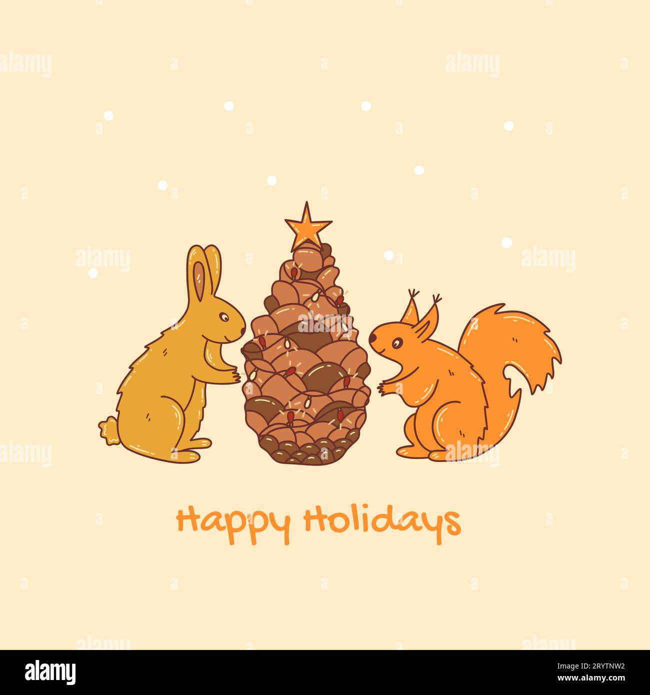 Hase und Eichhörnchen schmücken den Kiefernkegel wie einen Neujahrsbaum für den Urlaub. Schneit. Text „Happy Holidays“. Bunte Vektor-Illustration Hand gezeichnetes Doodl Stock Vektor