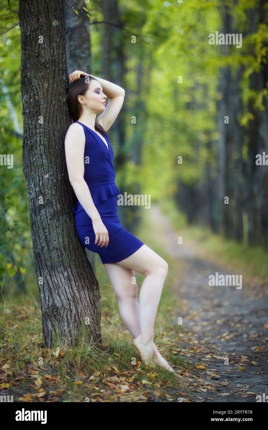 Frau in blauem Kleid lehnt sich an einen Baumstamm in der Herbstlindenallee. Stockfoto