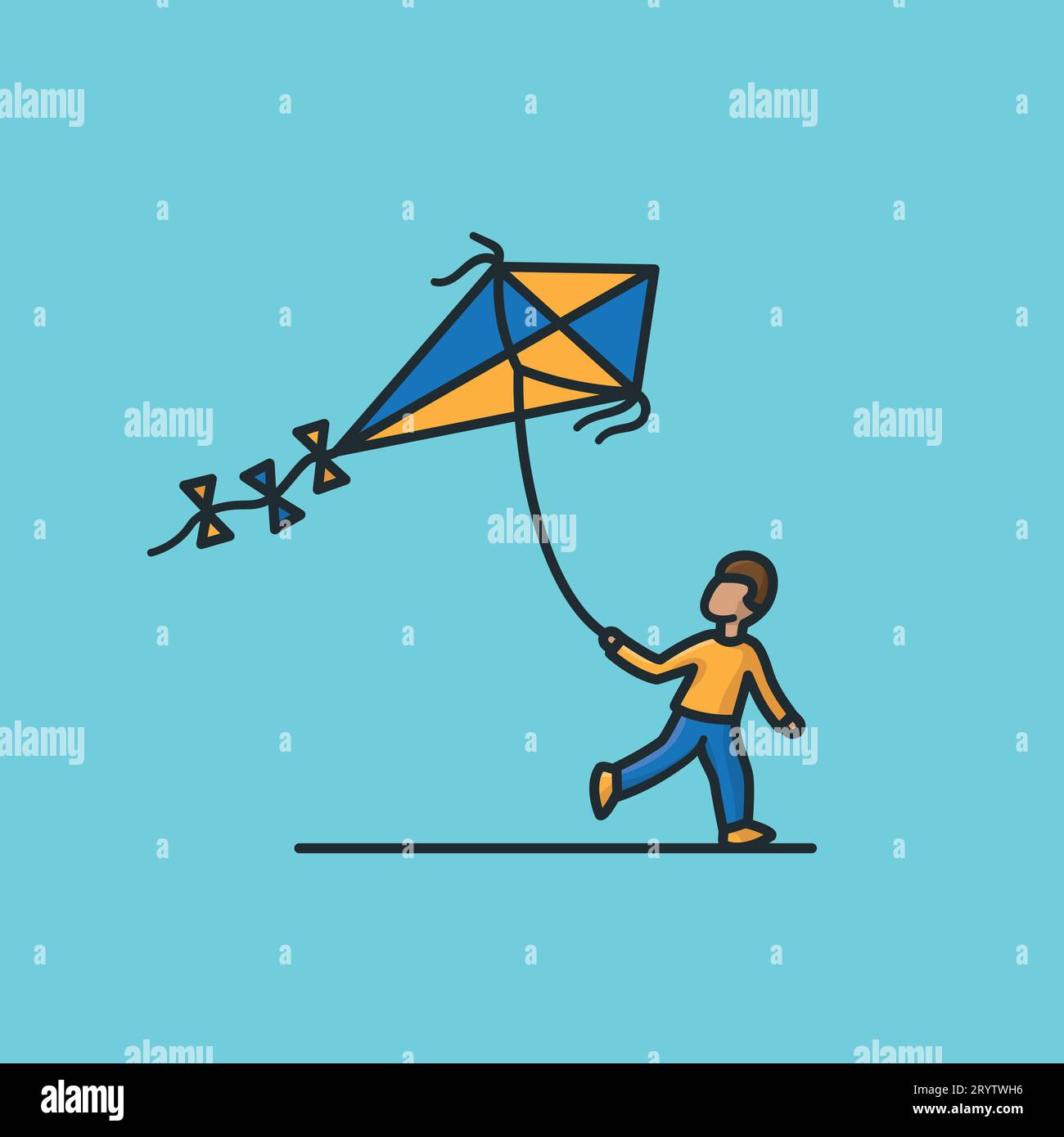 Junge, der eine Drachenvektorillustration für den National Kite Flying Day am 8. Februar fliegt Stock Vektor