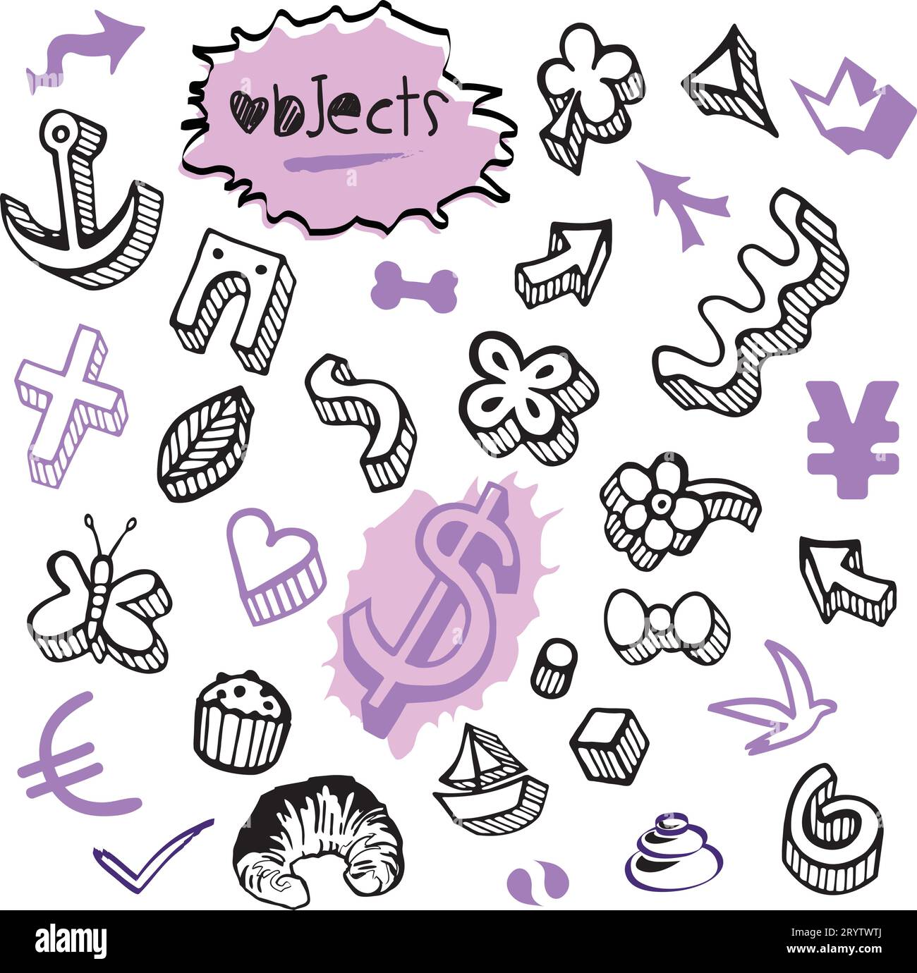 Set von Objekten Elemente Icons mit Währung, Euro und Dollar Geld Doodles in verschiedenen Farben - Vektor Design Illustration von Hand gezeichnete Kunst Stock Vektor