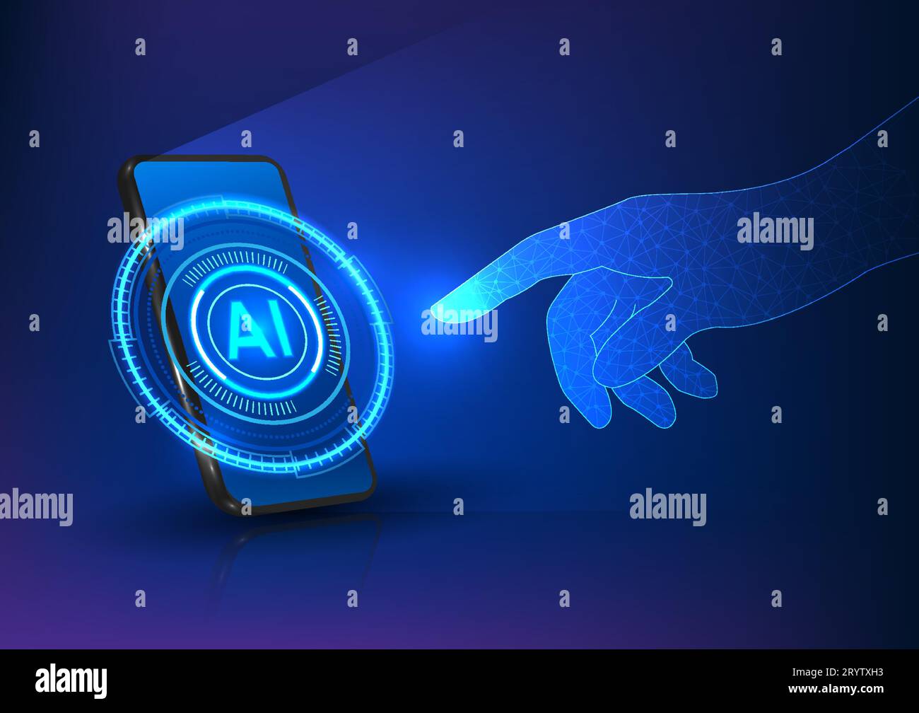 Smartphone mit künstlicher Intelligenz. Die sanfte Berührung der Finger zeigt, wie KI den Menschen in ihrem täglichen Leben hilft Stock Vektor