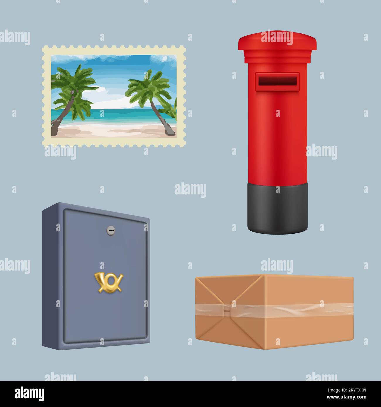 Post-Office-Tools. Briefumschläge Boxen Wachsstempel Postpakete anständige Vektor realistische Bilder Sammlung Stock Vektor