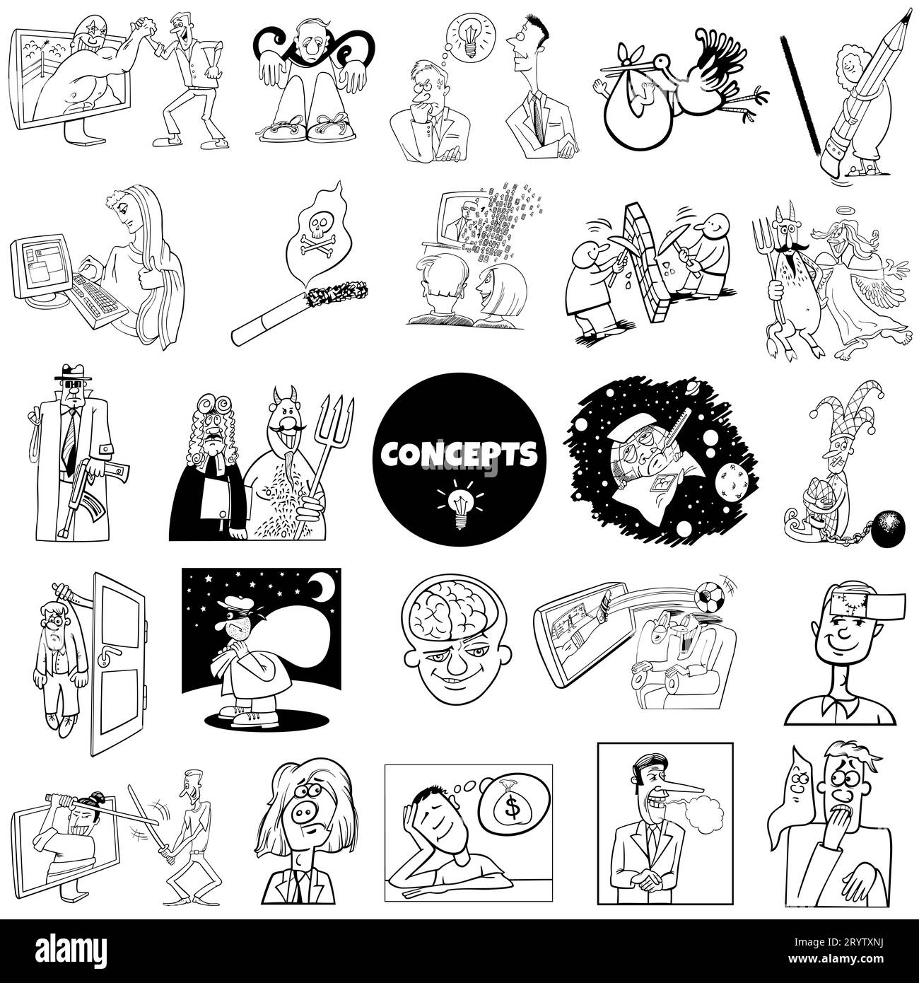 Schwarz-weiß-Abilustrationsset mit humorvollen Cartoon-Konzepten oder Metaphern und Ideen mit Comic-Charakteren Stockfoto