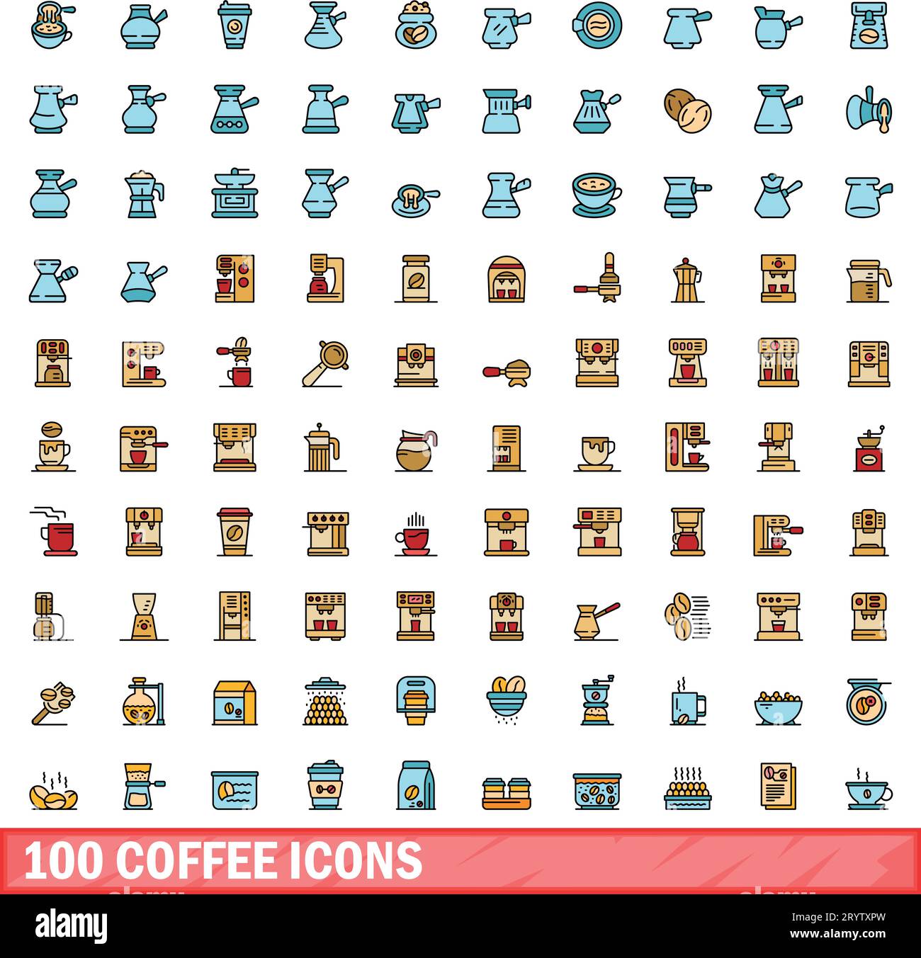 100 Kaffeesymbole eingestellt. Farbliniensatz mit Kaffeevektorsymbolen dünne Linie flach auf weiß Stock Vektor