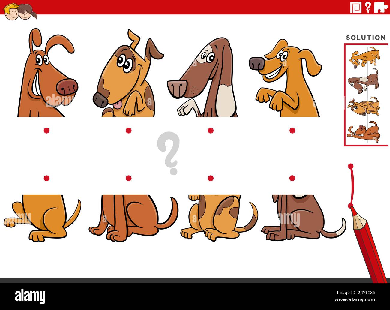 Cartoon-Darstellung der pädagogischen Aufgabe, Bilderhälften mit lustigen Tierfiguren des Hundes abzugleichen Stockfoto
